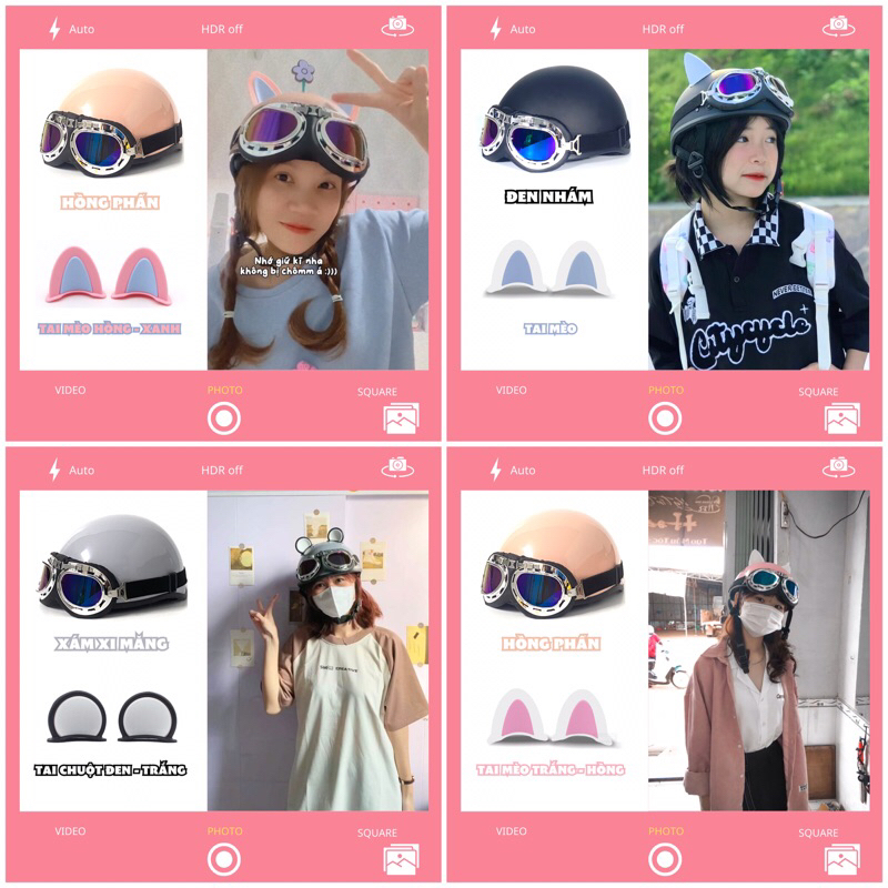 Tai mèo gắn, custom mũ bảo hiểm nửa đầu, 3 phần 4, siêu cute, Trâu Vàng VN