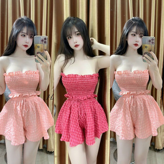 Set bộ nữ caro cúp ngực, áo ống bo chun cổ vuông phối quần đùi ống loe cá tính, đồ bộ nữ đi chơi sexy M800 - yado
