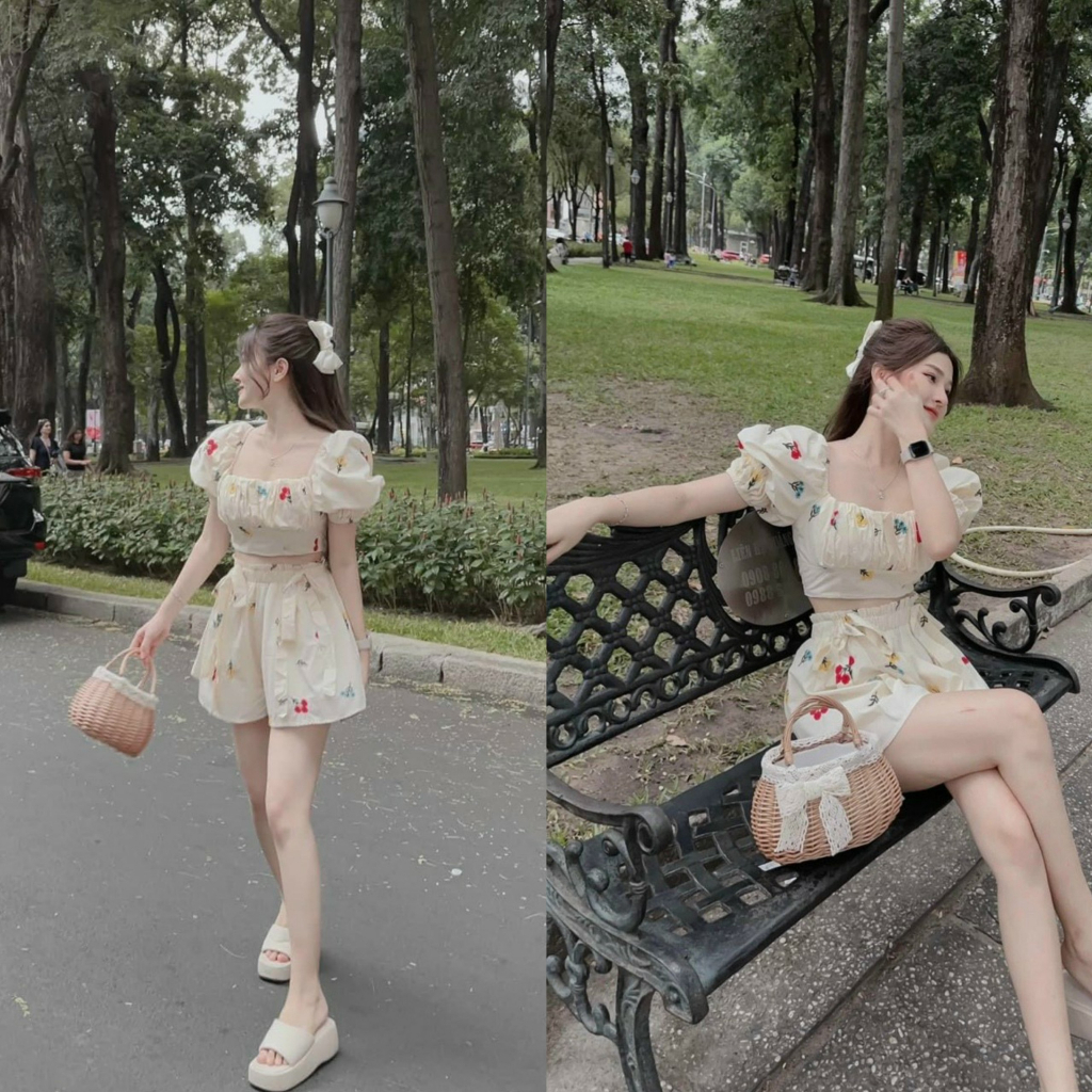 Set đồ bộ nữ áo ngắn tay nhún ngực mix quần ngắn form rộng xinh xắn, đáng yêu [956]