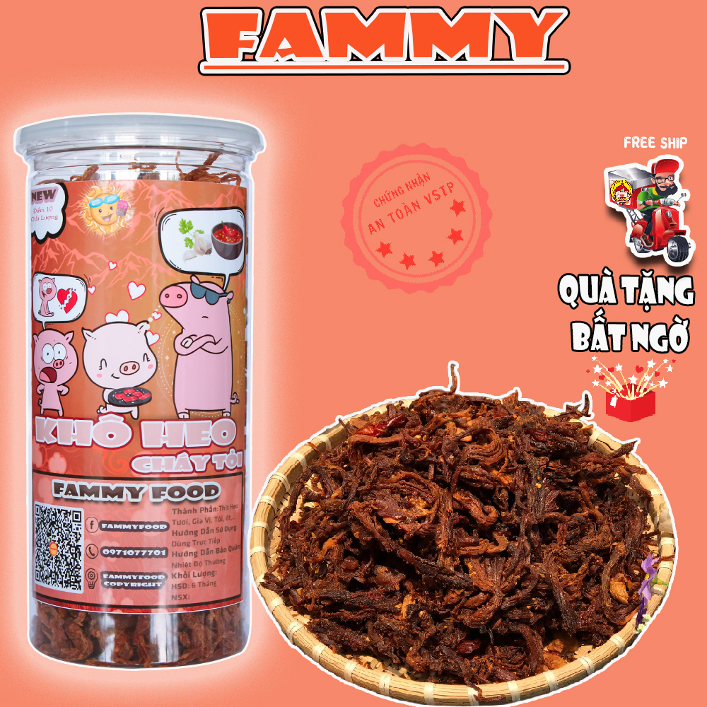 Khô heo cháy tỏi khô lợn 250g Fammy thịt nạc tươi loại 1 cay nhẹ đồ ăn vặt Hà Nội thơm ngon bổ rẻ