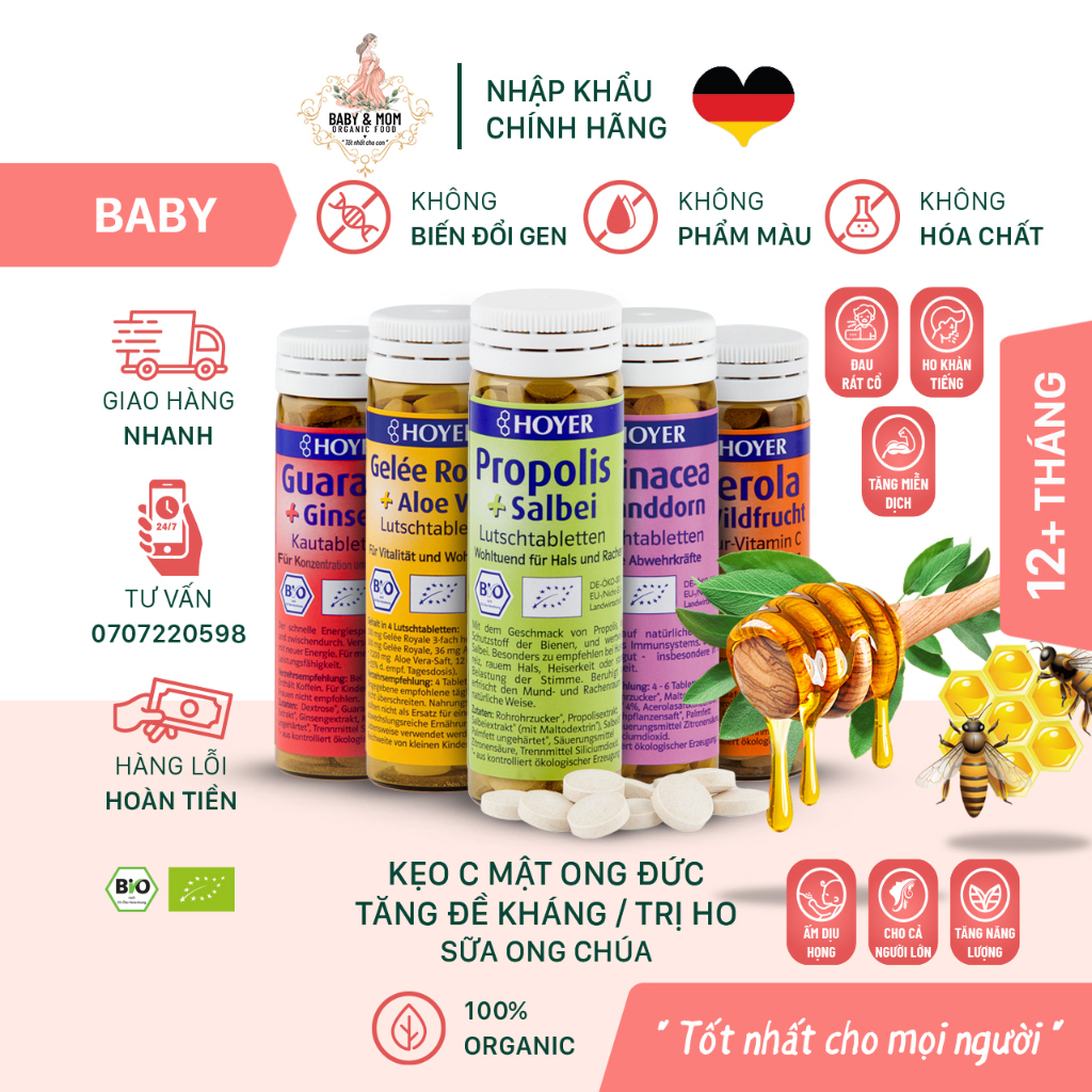 Kẹo C mật ong Tăng đề kháng - Giảm Ho - Sữa ong chúa - Tăng lực Hoyer 30g - 60 viên