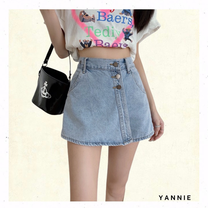 Quần short đùi giả chân váy bò jeans denim xanh nhạt skort kèm hàng cúc năng động dễ thương Yannie
