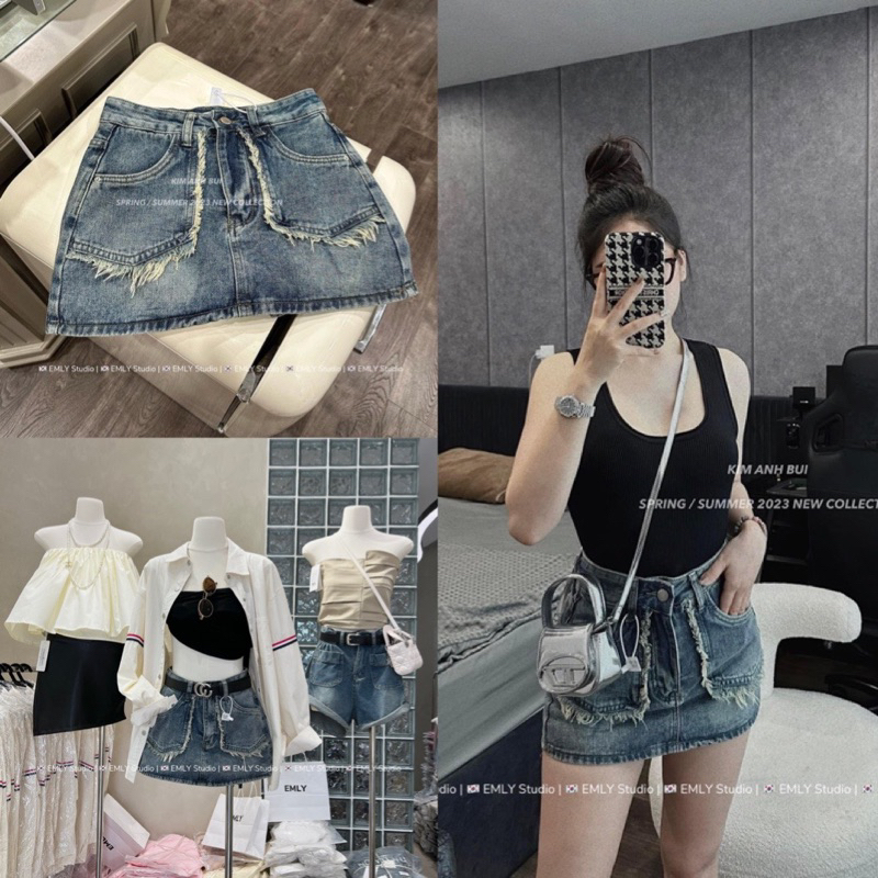 Chân váy jeans viền túi tua rua dáng ngắn 7063(kèm ảnh thật và video)