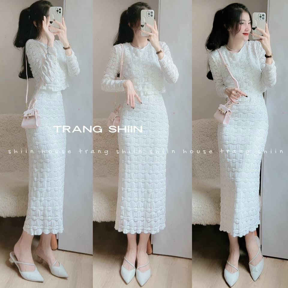 Set bộ len ren áo croptop tay dài mix chân váy họa tiết nổi siêu dễ thương