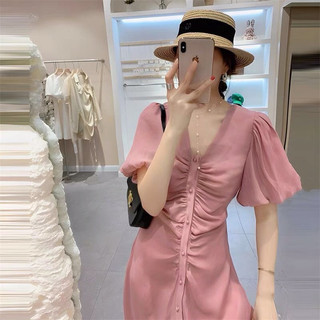 Đầm cổ vuông nhún ngực tay bồng