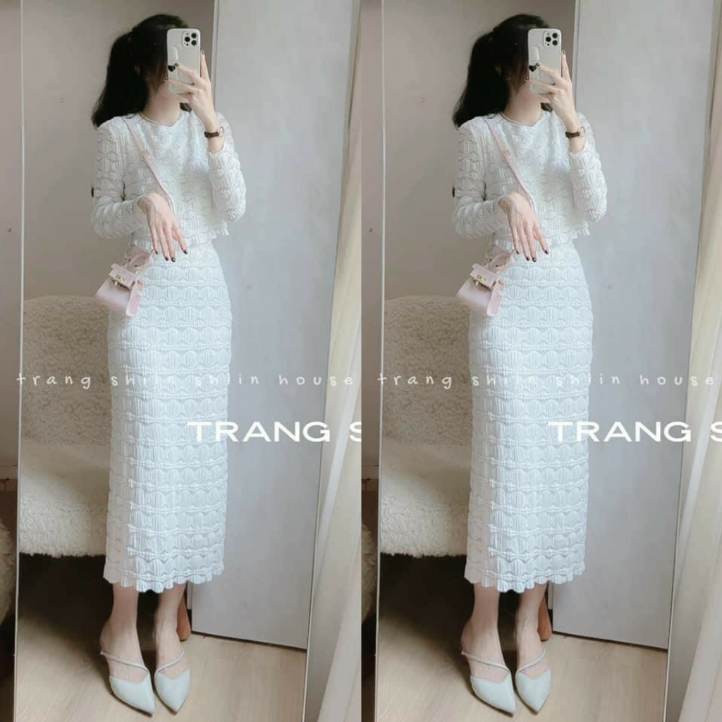 Set chân váy công chúa dáng midi ôm dáng kèm áo cổ tròn dài tay phong cách Hàn Quốc