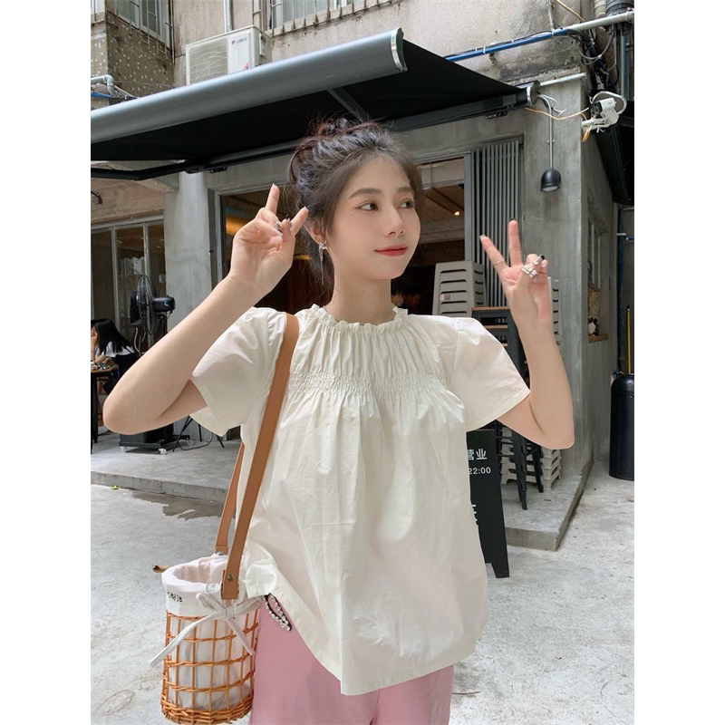 Áo sơ mi cổ tròn tay ngắn tiểu thư