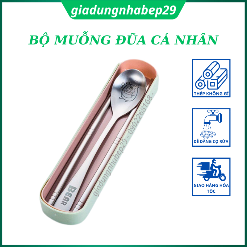 Bộ thìa đũa văn phòng, muỗng đũa cá nhân hình gấu Bear, inox cao cấp, sáng bóng tiện dụng, kèm hộp đựng