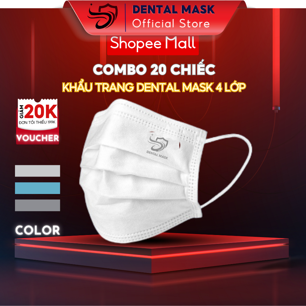 Khẩu trang y tế 4 lớp set 20 chiếc Dental Mask kháng khuẩn, cản bụi mịn, bảo vệ sức khỏe