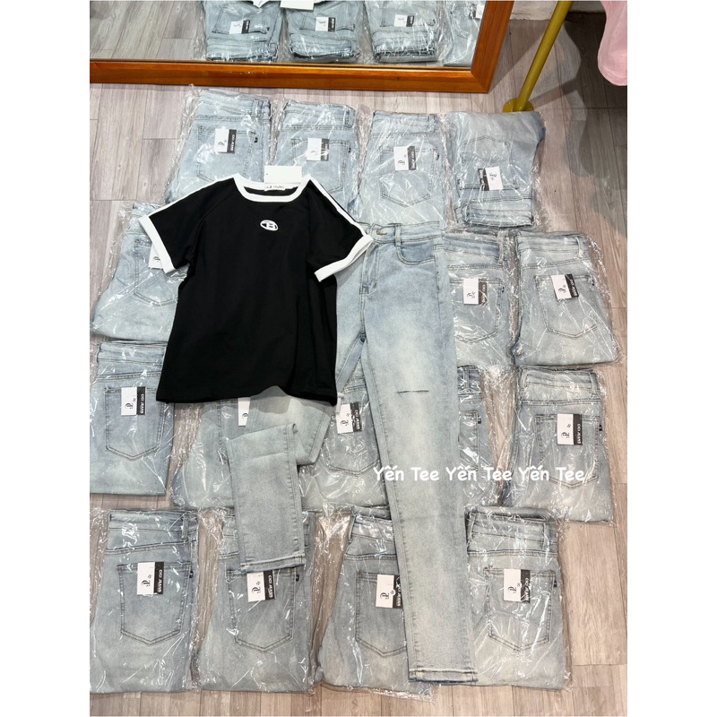 Quần jeans ôm xanh bạc rách ngang1 girl phố, Quần jeans nữ Yến Tee ảnh thật