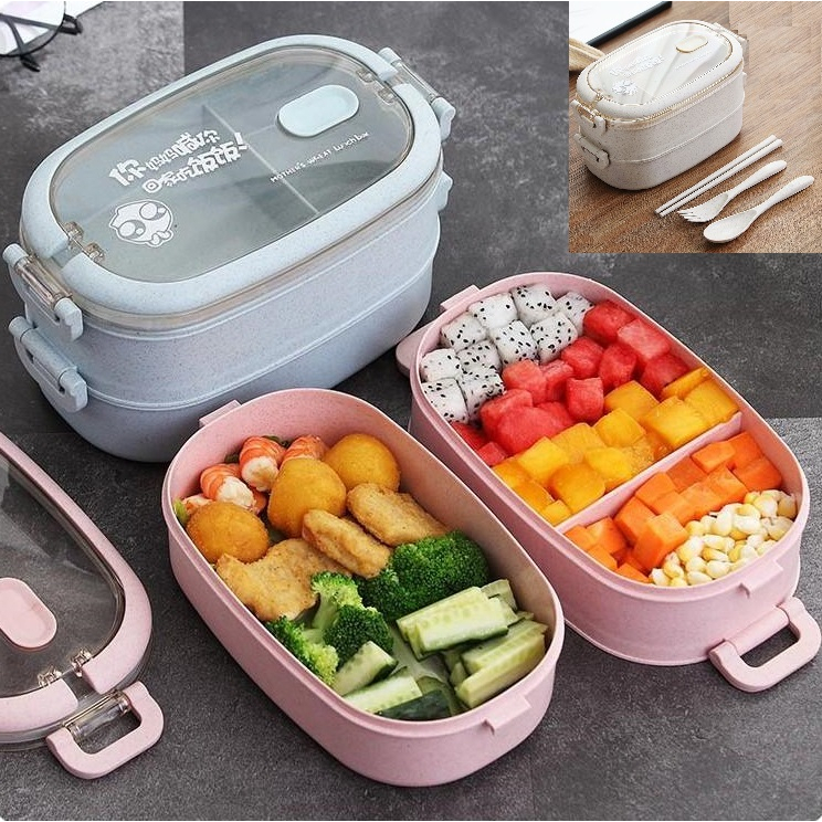 Hộp cơm lúa mạch 2 tầng TẶNG muỗng đũa nĩa - camen nhựa 2 ngăn đựng cơm văn phòng có quai xách