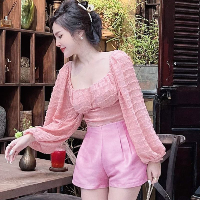 Set voan bi nổi mix quần tacta siêu xinh ( ảnh sàn tự chụp )