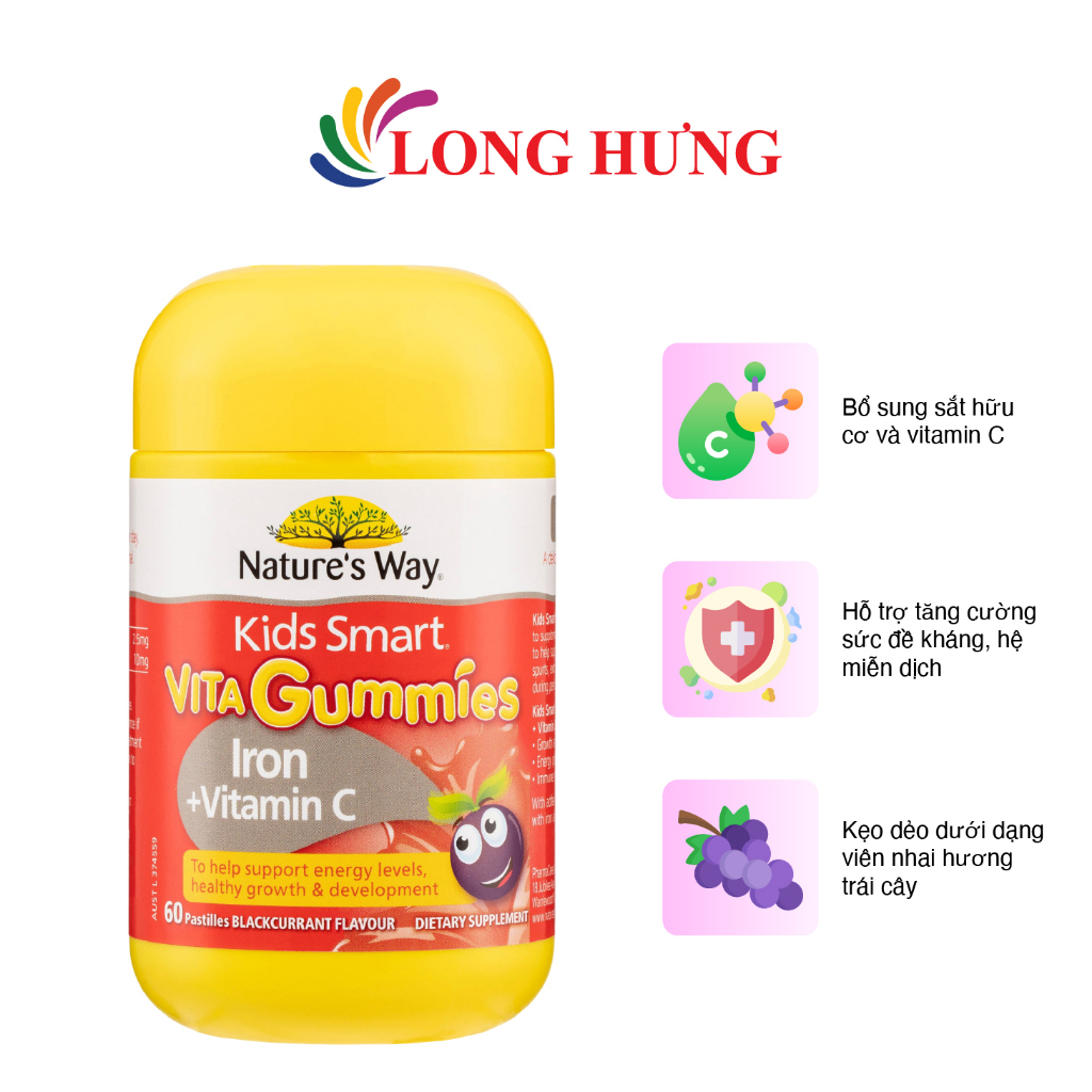 Kẹo dẻo Nature's Way Kids Smart Vita Gummies Iron + Vitamin C bổ sung sắt hữu cơ và viatmin cho bé (60 viên)