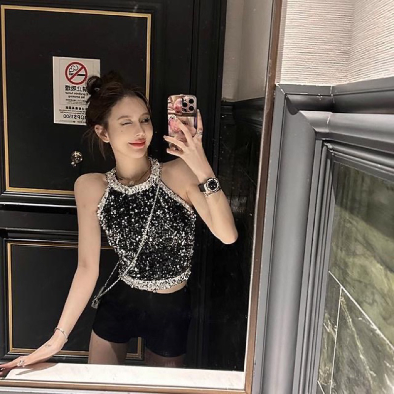 Phong cách công nghiệp nặng sequin cao cấp treo cổ dây lưng nhỏ áo gió thơm nữ