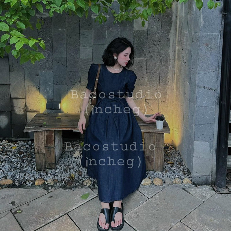 Đầm xoè midi tay phồng vintage