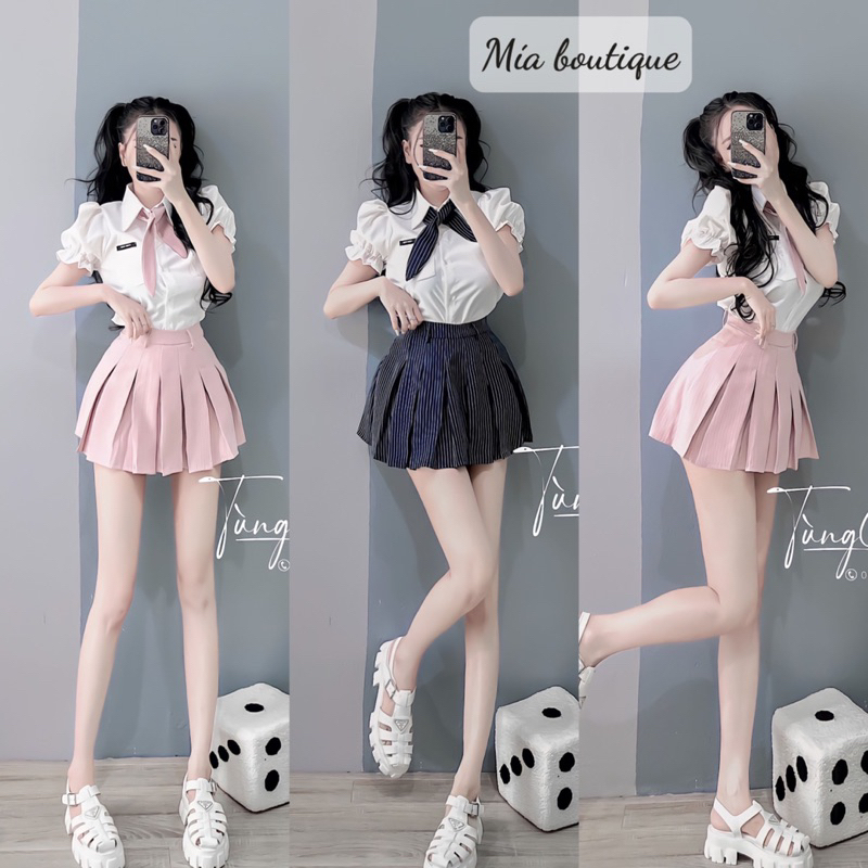 Set đồ nữ học sinh áo sơ mi chân váy xếp li kẻ đi chơi cực hach tuổi