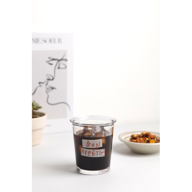 Ly cốc thuỷ tinh loe thấp trong suốt chịu nhiệt in chữ Bon Appetit, Voila dung tích 320ml đựng trà, cà phê, nước ép