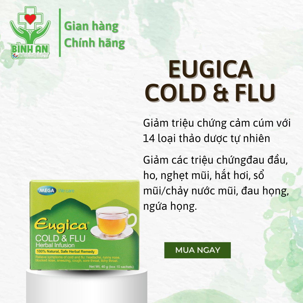 Trà Eugica Cold & Flu Herbal Infusion - gừng, tiêu đen, giảm cảm cúm - Hộp 10 gói - NT Bình An