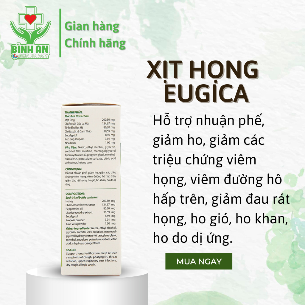 Xịt họng thảo dược Eugica - trợ giảm ho, đau rát họng, ho gió, ho khan, ho do dị ứng - chai 10ml - NT Bình An