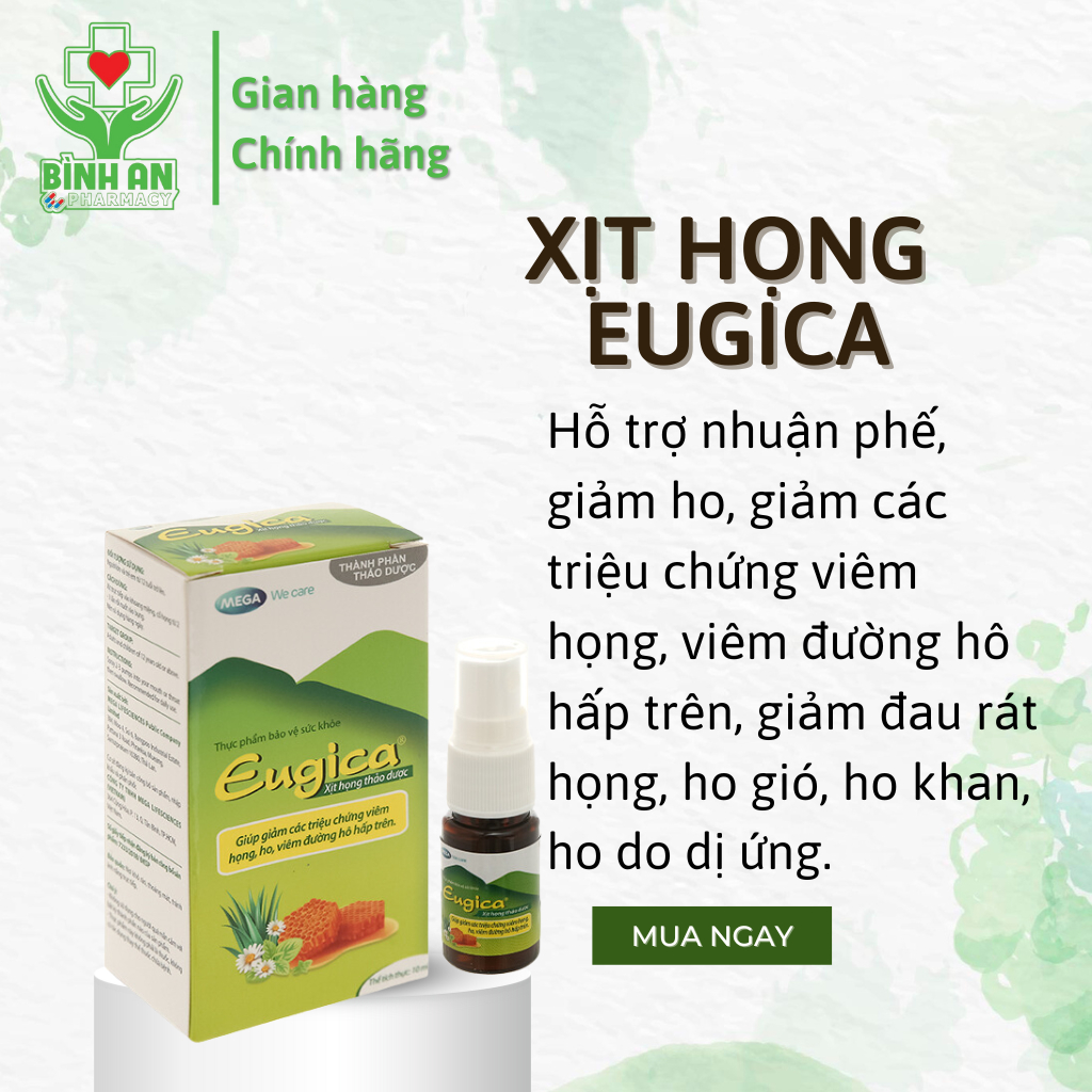 Xịt họng thảo dược Eugica - trợ giảm ho, đau rát họng, ho gió, ho khan, ho do dị ứng - chai 10ml - NT Bình An