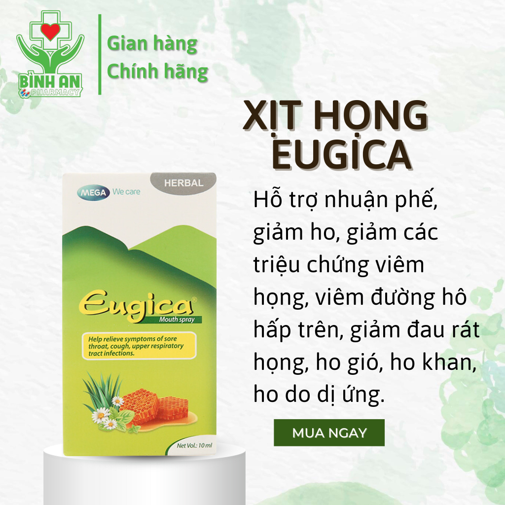 Xịt họng thảo dược Eugica - trợ giảm ho, đau rát họng, ho gió, ho khan, ho do dị ứng - chai 10ml - NT Bình An