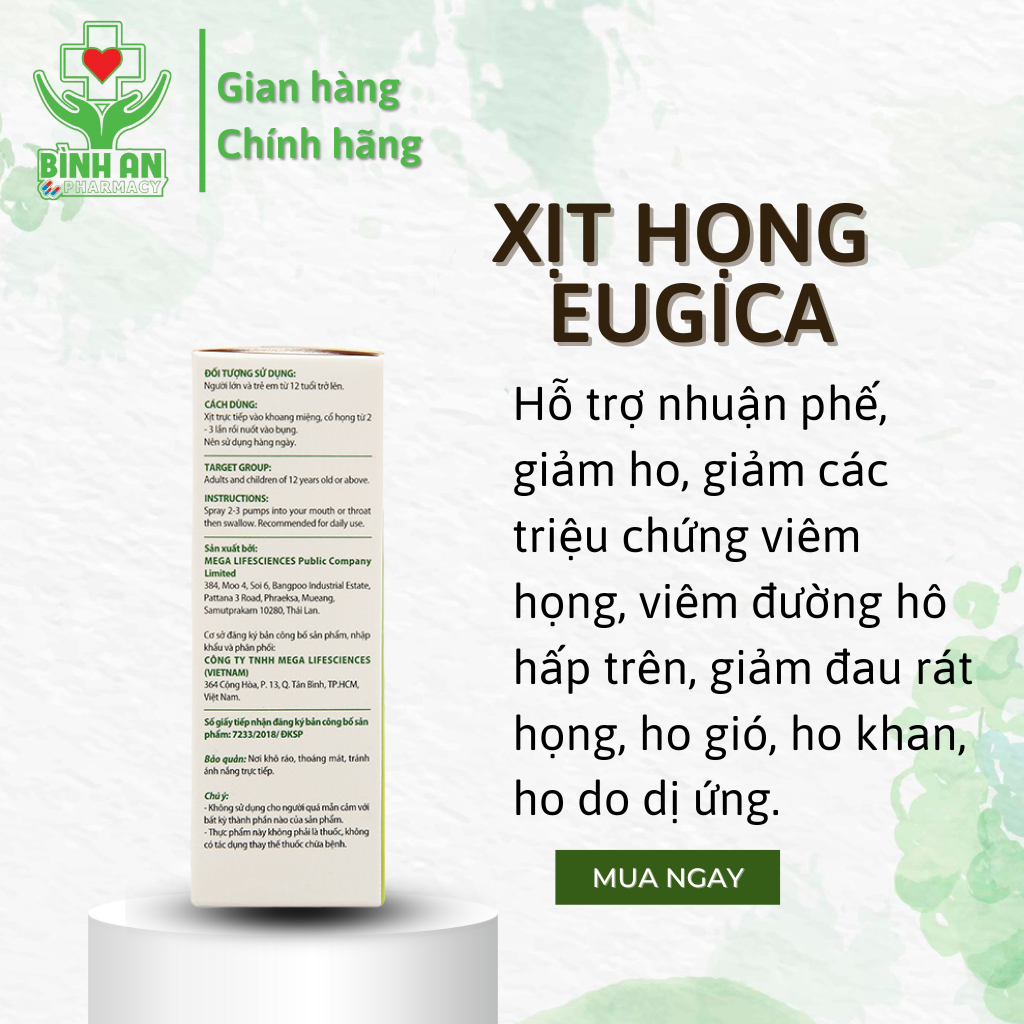 Xịt họng thảo dược Eugica - trợ giảm ho, đau rát họng, ho gió, ho khan, ho do dị ứng - chai 10ml - NT Bình An