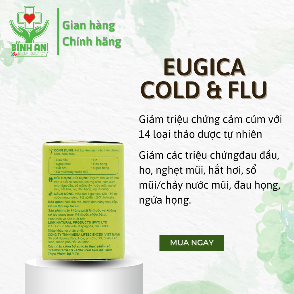 Trà Eugica Cold & Flu Herbal Infusion - gừng, tiêu đen, giảm cảm cúm - Hộp 10 gói - NT Bình An