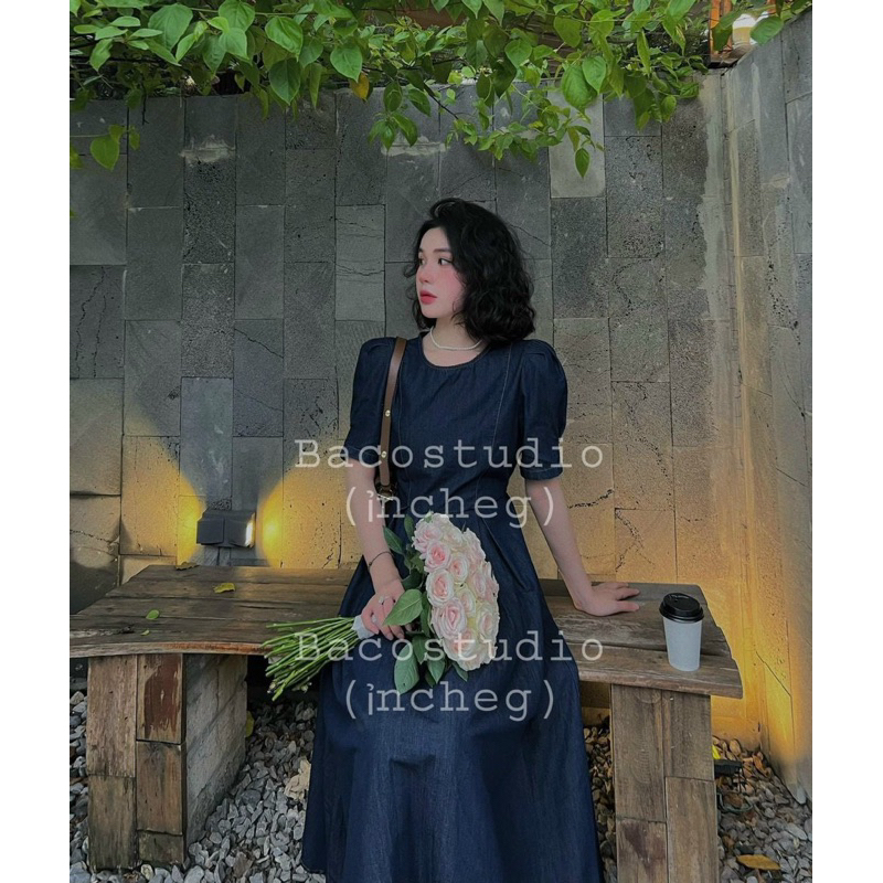 Đầm xoè midi tay phồng vintage