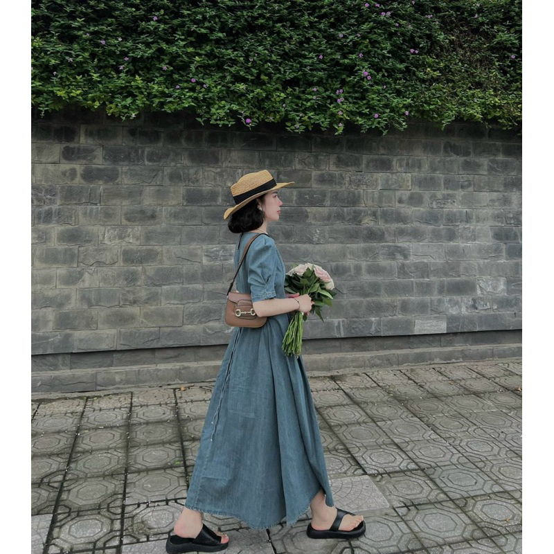 Đầm xoè midi tay phồng vintage