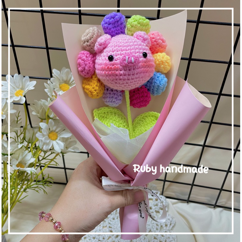 Hoa đầu thú len handmade hoa heo cừu thỏ gấu đáng yêu làm quà trang trí