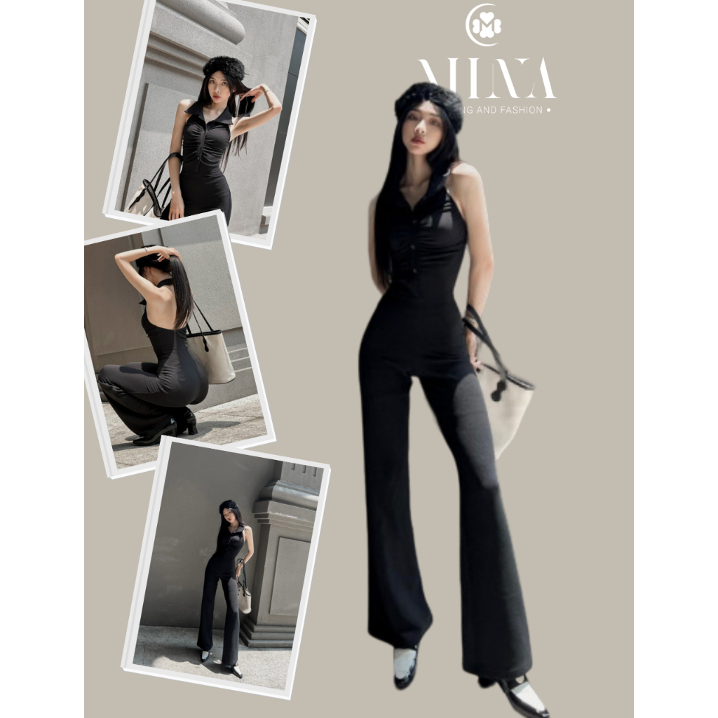 Jumpsuit dài thiết kế sexy cổ bẻ ống loe dài sành điệu 3409