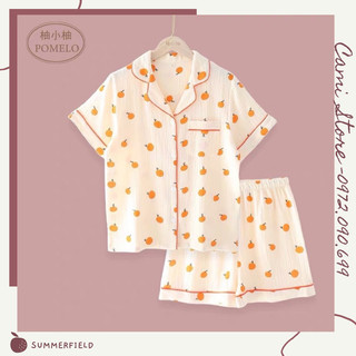 Bộ đồ ngủ pijama nữ cộc tay quần đùi chất lụa Kate Thái mềm mịn màu trắng đường viền họa tiết quả cam - CD0029