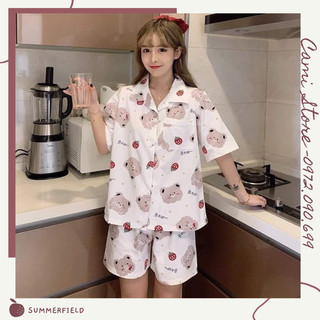 Bộ đồ ngủ pijama nữ cộc tay quần đùi chất lụa Kate Thái mềm mịn màu trắng họa tiết hoạt hình - CD0034