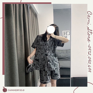 Bộ đồ ngủ pijama nữ cộc tay quần đùi chất lụa Kate Thái mềm mịn màu xám họa tiết chuột mickey đáng yêu - CD0027