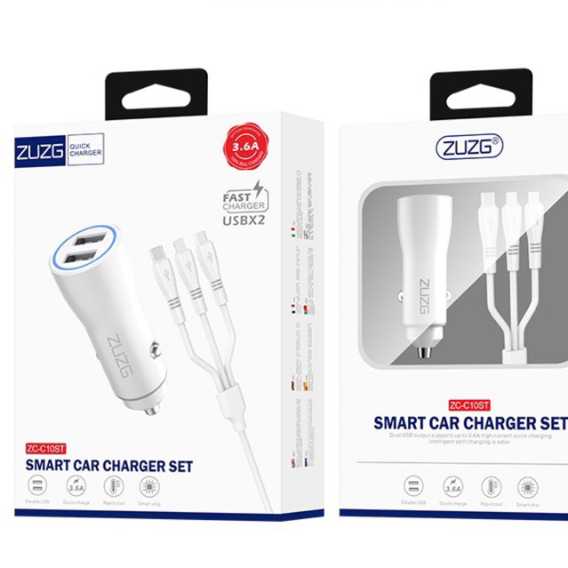 Bộ đầu tẩu và dây sạc điện thoại 3 đầu 3,6A , đa năng trên xe ô tô
