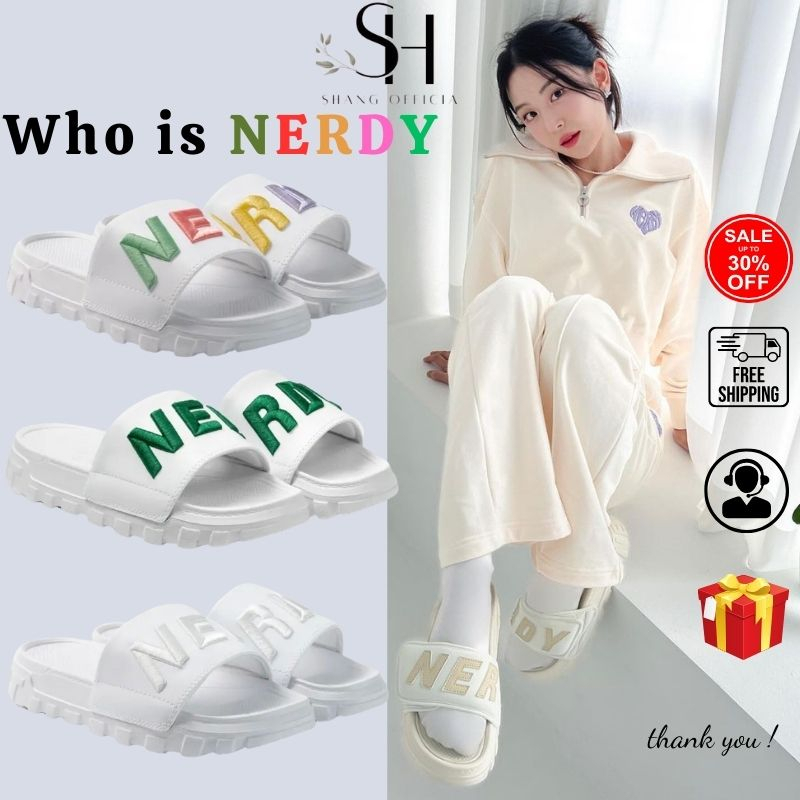 Dép nam nữ quai ngang Nerdy, đế cao, logo thêu chữ nổi bật, dép giúp tăng chiều cao 4cm, dép xinh cho cả nam nữ đi học