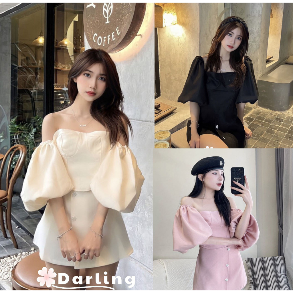 Set áo croptop trễ vai tay bồng và chân váy chữ A ngắn, Bộ chân váy vạt chéo kèm áo croptop cúp ngực tay bồng quyến rũ
