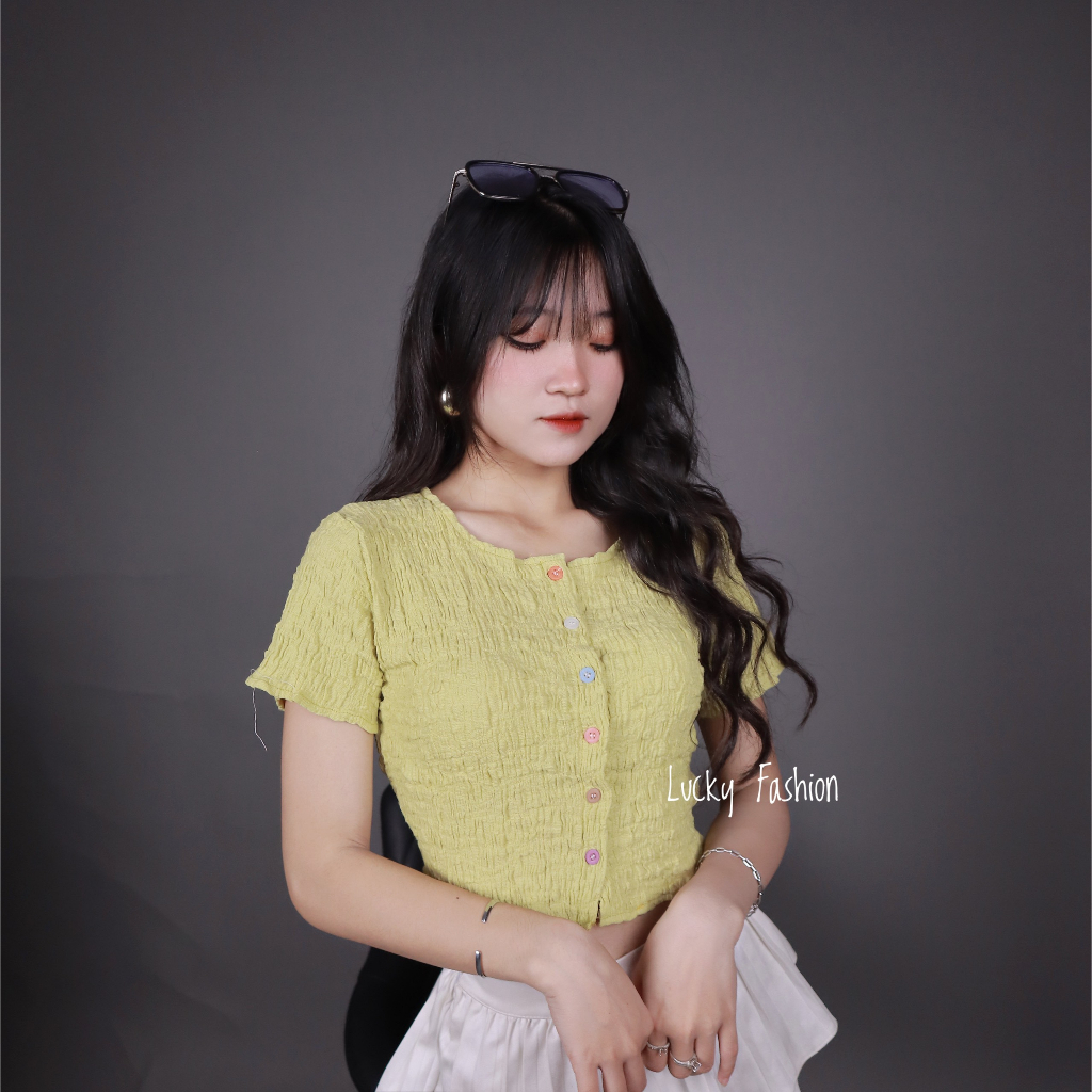 Áo Nữ Thun Nhún Tay Ngắn LP Nút Nhiều Màu Freesize