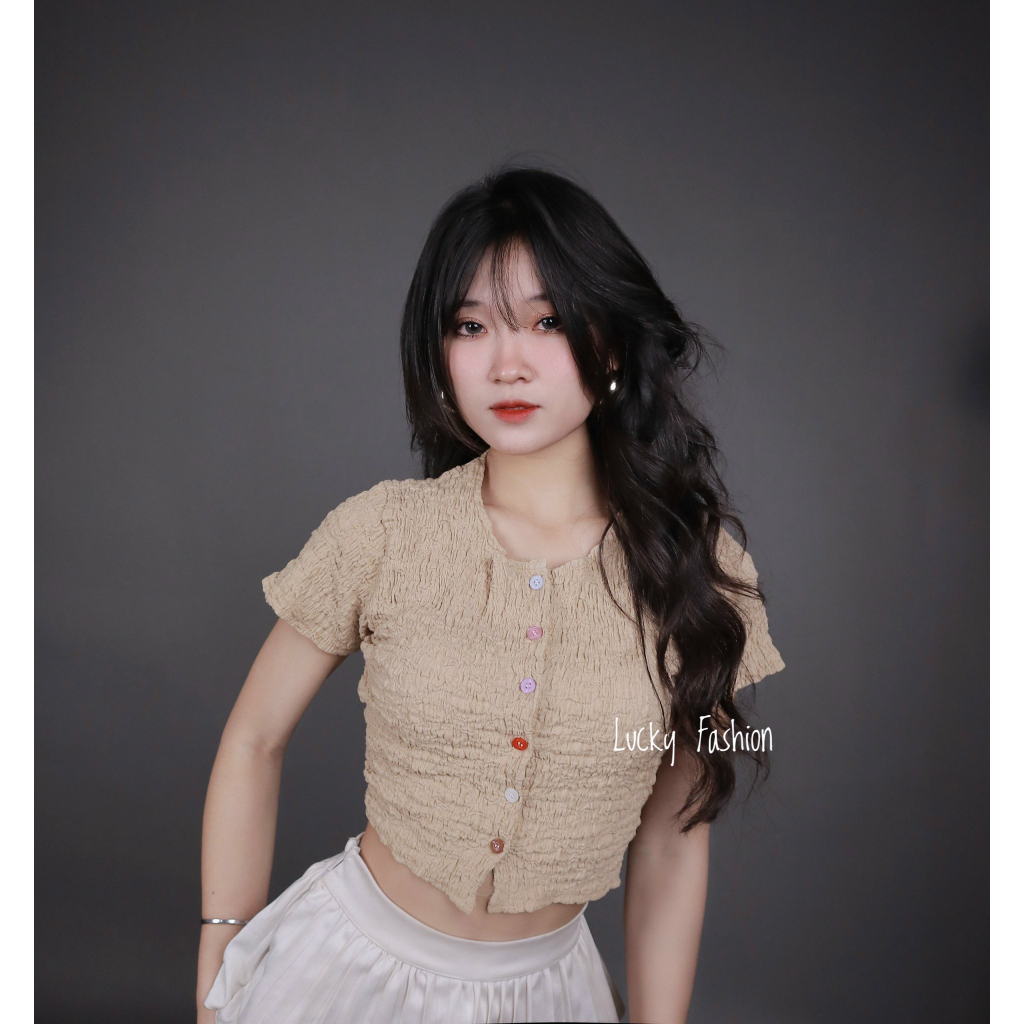 Áo Nữ Thun Nhún Tay Ngắn LP Nút Nhiều Màu Freesize