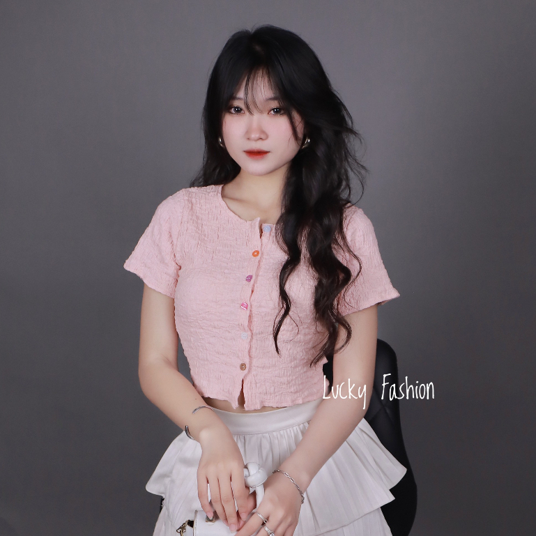 Áo Nữ Thun Nhún Tay Ngắn LP Nút Nhiều Màu Freesize
