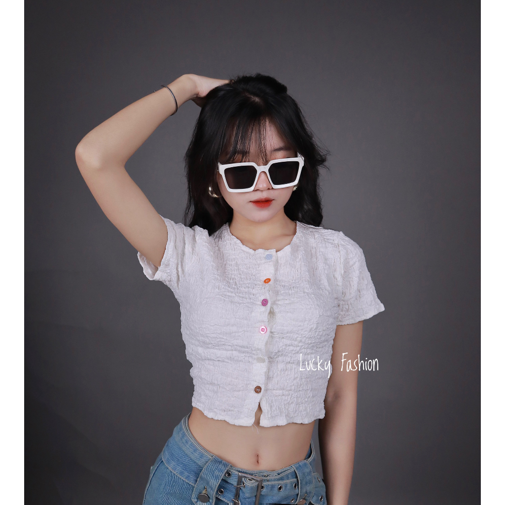 Áo Nữ Thun Nhún Tay Ngắn LP Nút Nhiều Màu Freesize