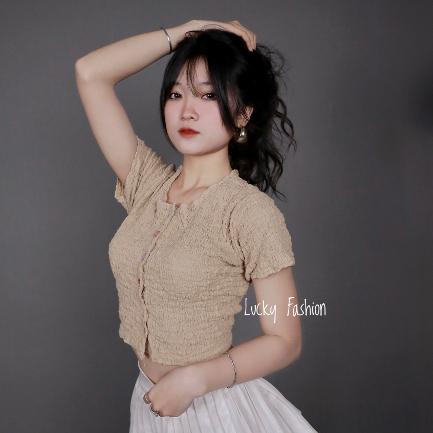 Áo Nữ Thun Nhún Tay Ngắn LP Nút Nhiều Màu Freesize