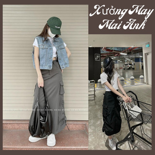  Chân Váy Dài  KaKi Túi Hộp Dây Rút Dáng A mềm mát Váy KaKi Lưng Cao Năng Động Cá Tính phong cách Hàn 