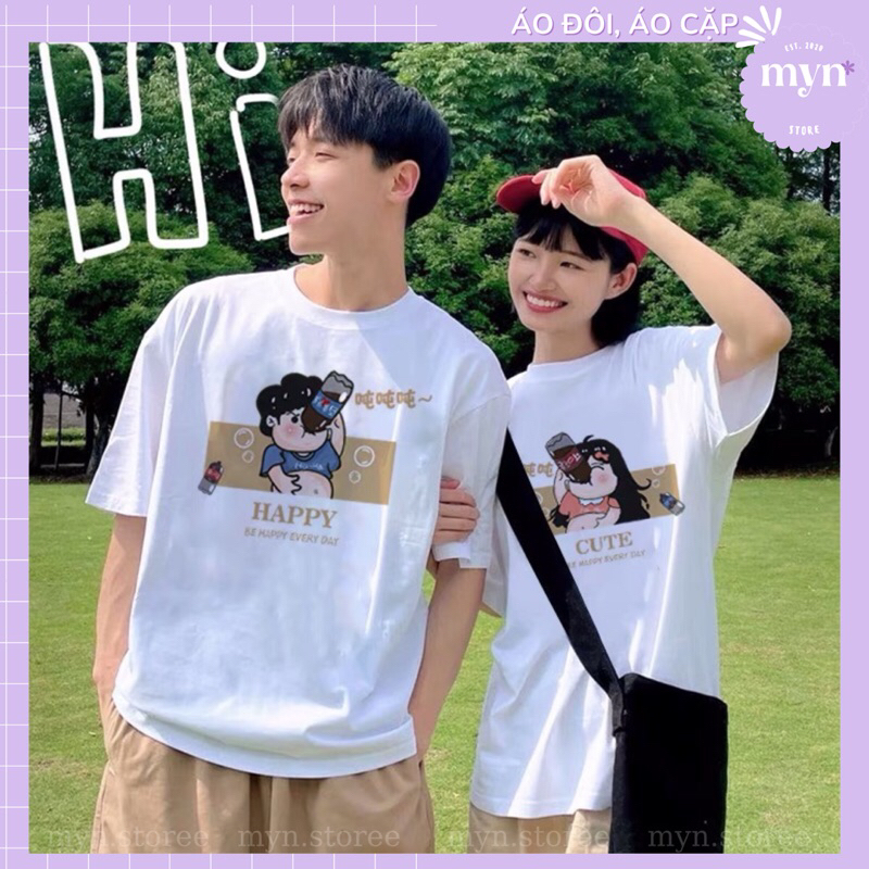 Áo thun cặp, áo đôi nam nữ tay lỡ form rộng hoạt hình dễ thương đủ size