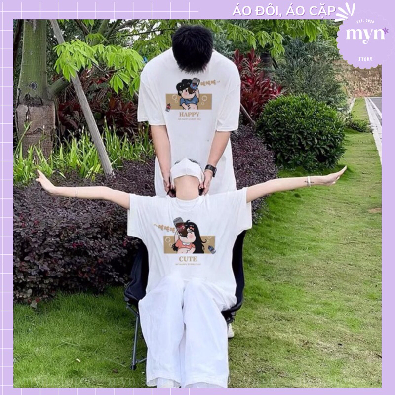 Áo thun cặp, áo đôi nam nữ tay lỡ form rộng hoạt hình dễ thương đủ size