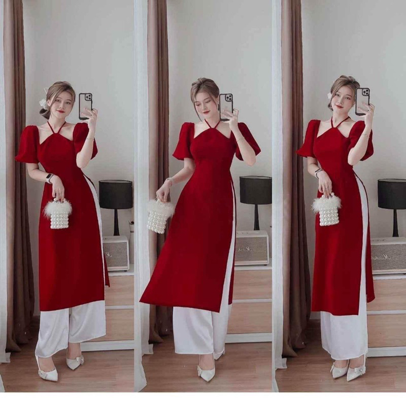 Set áo dài đỏ cách tân cổ yếm đỏ Lụa Tây Thi, tay bồng đi chơi Noel, Tết - Áo Dài Thị Màu