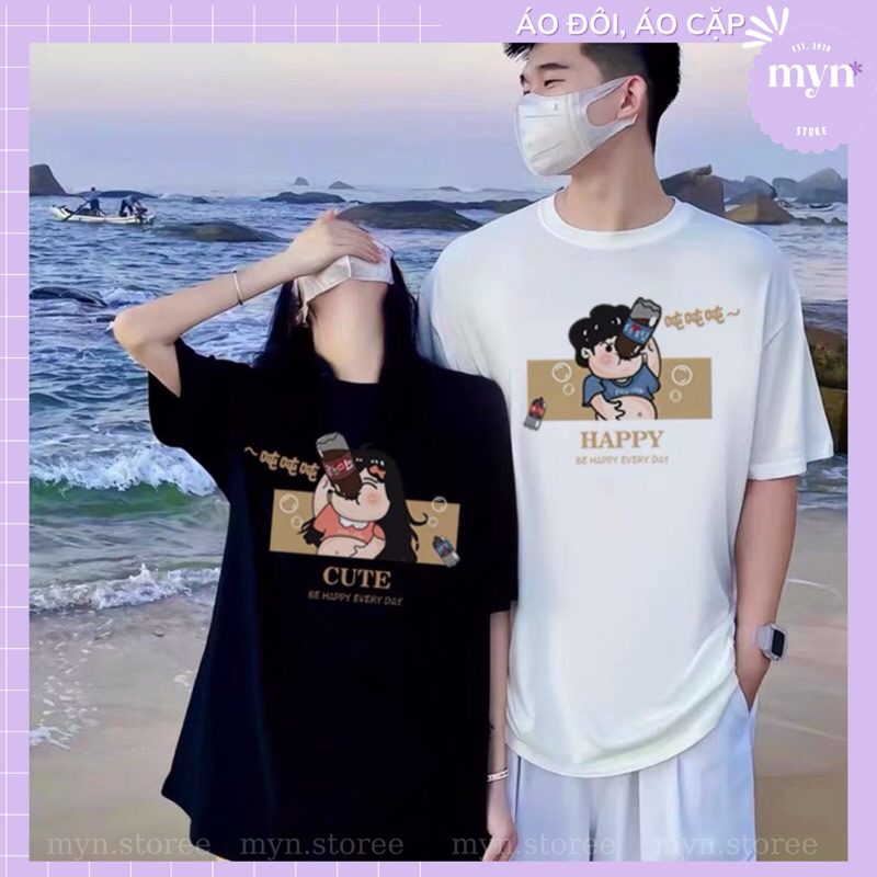 Áo thun cặp, áo đôi nam nữ tay lỡ form rộng hoạt hình dễ thương đủ size