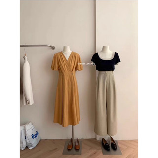 Váy Linen thô cổ V cúc eo 60088