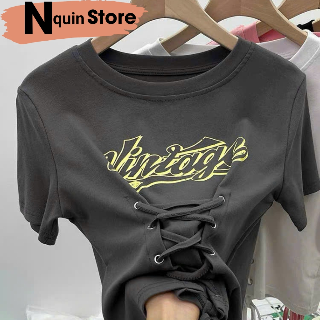Áo croptop nữ ngắn tay cổ tròn phối thắt dây eo trước bụng có in chữ trước ngực cực xinh Nquin