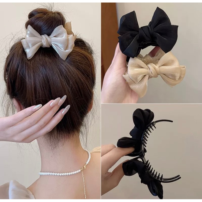 Kẹp càng cua, kẹp ngoạm nơ lụa 2 màu đen be